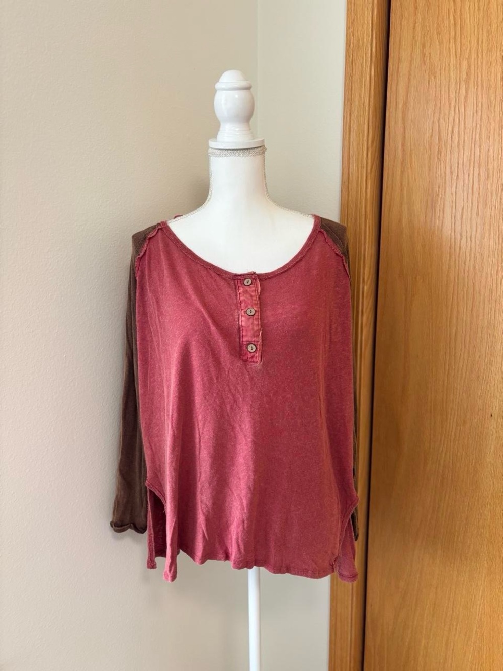 We The Free Rose-Pink Front Button Oversized Henley Long Sleeve Top